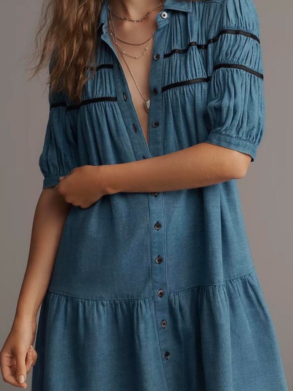 Maeve Denim Button-Front Midi Dress - Blue